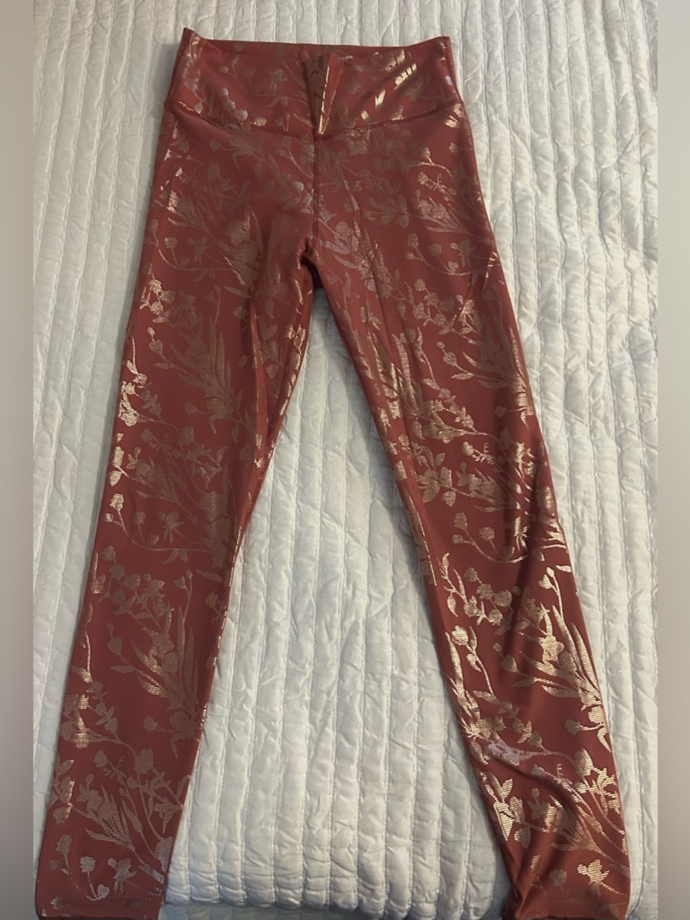 High-Rise Pink and Rose Gold Floral Foil Leggings